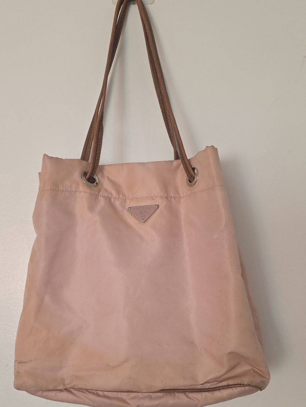 Prada Blush Nylon Tote with Brown Rope Handles